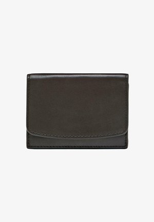 Schwarze Lederbrieftasche mit glatter Textur, rechteckiger Form, Klappverschluss und Naht entlang der Kanten; minimalistisches Design.