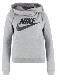 Grå sweatshirt i mjukt tyg, med en stor svart Nike-logga på framsidan, känguruficka och design med dragsko i huvan.