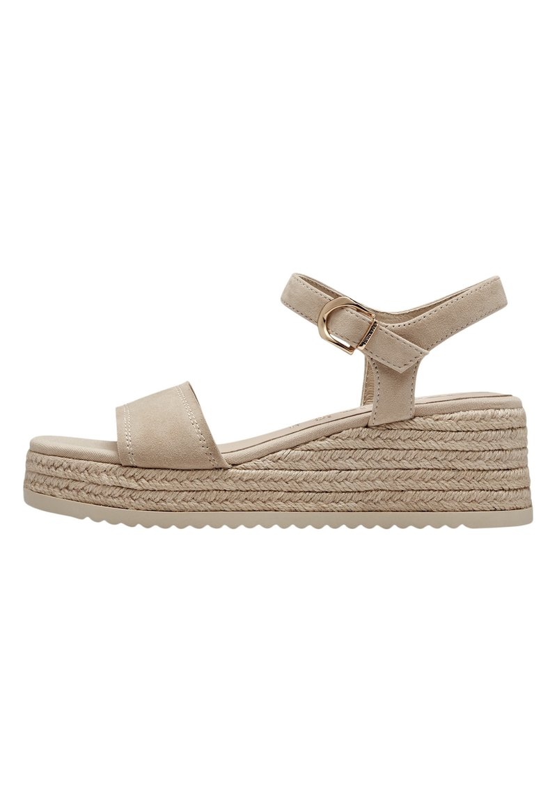 Beige espadrille wedge sandals with a suede upper, adjustable strap, and woven jute sole. Features a flat platform and textured outsole.