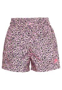 Růžové šortky s leopardím vzorem, s elastickým pasem, s černými a zelenými skvrnami a malou logovou akcentací na dolním pravém boku.