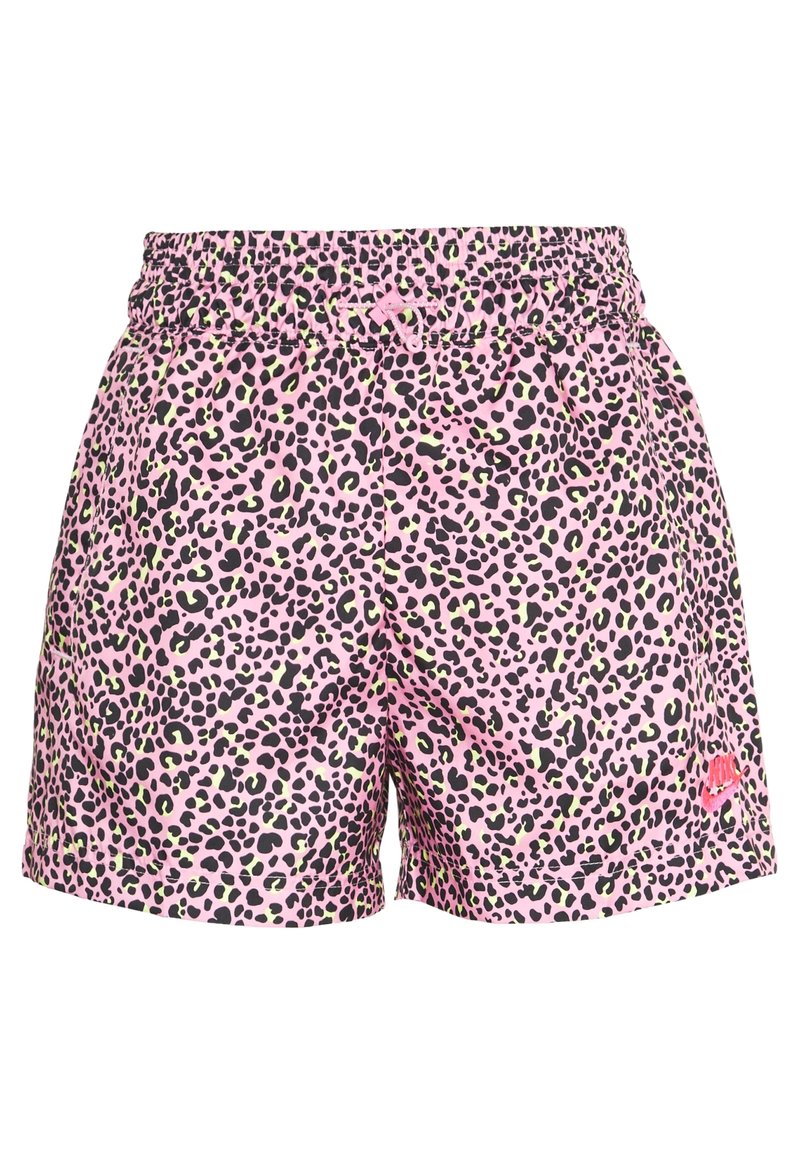 Růžové šortky s leopardím vzorem, s elastickým pasem, s černými a zelenými skvrnami a malou logovou akcentací na dolním pravém boku.