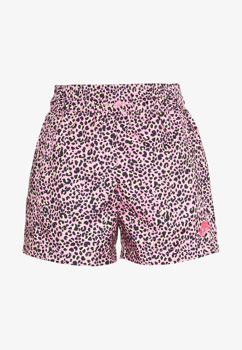 Růžové šortky s leopardím vzorem, s elastickým pasem, s černými a zelenými skvrnami a malou logovou akcentací na dolním pravém boku.