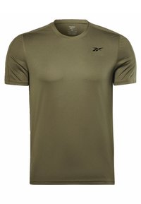Krátké tričko olivově zelené barvy z hladkého, lehkého materiálu. Na hrudi je nenápadné černé logo a klasický kulatý výstřih.