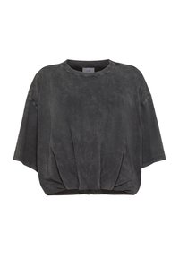 Oversized, kortemouwen top in steenkoolgrijs met een ronde halslijn, geplooide zoom en zachte, gestructureerde stof. Minimalistisch ontwerp zonder patronen.