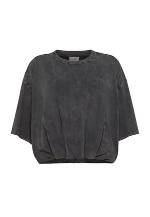 Short-sleeved, oversized charcoal gray top with a round neckline, gathered hem, and soft, textured fabric. Minimalist design with no patterns.