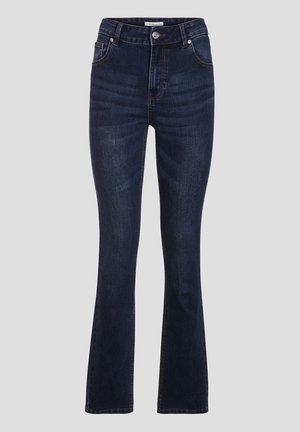 Dark blue flared jeans made of denim, featuring a high waist, five pockets, visible stitching, and a button closure.