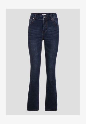 Dunkelblaue Schlagjeans aus Denim, mit hoher Taille, fünf Taschen, sichtbaren Nähten und einem Knopfverschluss.