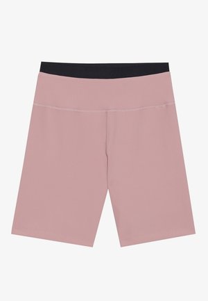 Calças de ciclismo rosa claro com uma faixa elástica preta na cintura, apresentando uma textura ribbed e detalhes de costura contrastantes.