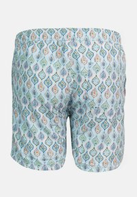 Bañador con cintura elástica, fondo azul claro, que presenta un patrón repetido de hojas en verde, azul, rosa y naranja.