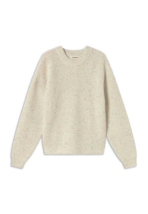 Cream-colored ribbed knit sweater with long sleeves and multicolored speckled accents, featuring a round neckline.