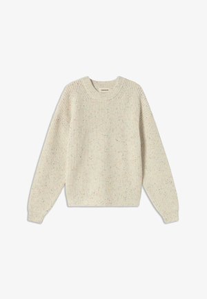 Cream-colored ribbed knit sweater with long sleeves and multicolored speckled accents, featuring a round neckline.