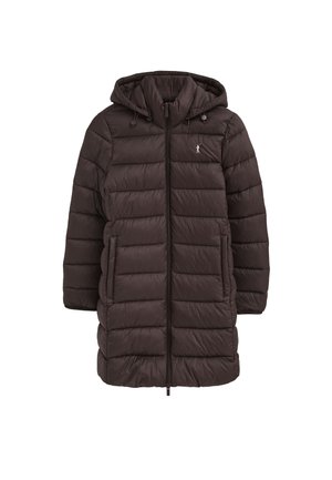 Bruine, donzige jas van middellange lengte met een capuchon, voorzien van een ritssluiting aan de voorkant, zijzakken en een subtiel logo op de borst. Gladde textuur.