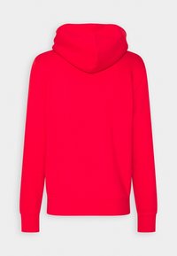 Red sweatshirt with a hood, featuring long sleeves, ribbed cuffs, and a straight hem. Smooth texture with no visible patterns or accents.