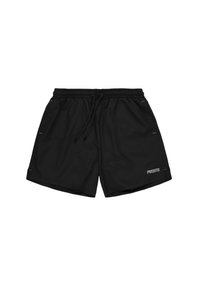 Czarne k ąpielówki wykonane z lekkiego materiału, z elastycznym pasem w talii i sznurkiem oraz logo na dolnej prawej stronie.