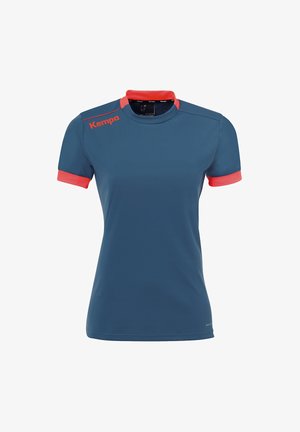 Sportliches Kurzarmshirt aus dunkelblauem Polyester mit roten Akzenten am Kragen und an den Ärmeln; "Kempa"-Logo in Rot auf der linken Schulter.