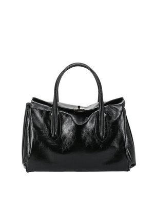Black leather handbag with a glossy finish, dual handles, and a structured shape. Features a clasp closure and seamless design details.