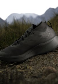 Chaussure de trail noire avec une semelle épaisse reposant sur un sol rocheux, herbe en arrière-plan et montagnes visibles au loin.