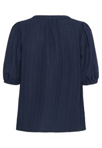 Blusa de manga corta azul marino con patrón de rayas texturizadas, corte relajado, mangas abullonadas con fruncido y escote redondo.