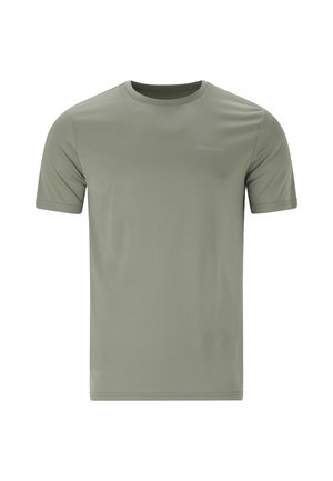 Kurzärmliges T-Shirt in olivgrün, aus glattem, leichtem Stoff; mit rundem Halsausschnitt und einem dezenten Logo auf der Vorderseite.