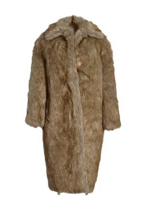 Long manteau marron en fausse fourrure avec col et manches longues, conçu pour la chaleur et le style.
