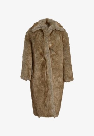 Langer brauner Mantel aus Kunstfell mit Kragen und langen Ärmeln, entworfen für Wärme und Stil.