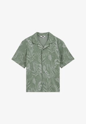 Kurzärmeliges Hemd mit Knopfleiste, grünem Grundton und hellgrünem Blattmuster, ausgestattet mit einem Camp-Kragen und vier Knöpfen auf der Vorderseite.