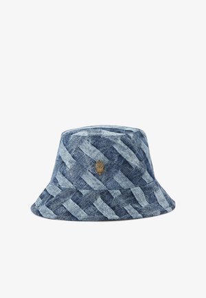Geweven denim bucket hat met een blauw kleurenschema, een gestructureerd patroon en een klein logo in goudkleur op de voorkant.