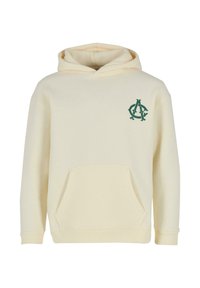 Kremowa bluza z kapturem, wykonana z miękkiego materiału. Posiada przednią kieszeń kangurkę oraz zielone logo na lewej części klatki piersiowej. Długie rękawy z ściągaczami.