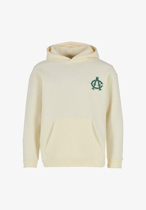 Kreemivärvi kapuutsiga pusa, mis on valmistatud pehmest kangast. Omab eesmist känguru taskut ja roheline logo vasakul rinnakorvil. Pikad varrukad ribiga mansettidega.