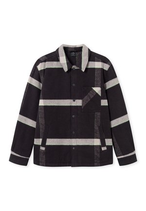 Jachetă cu carouri negre și gri, cu guler bej, având închidere cu nasturi, buzunare laterale și un buzunar pe piept. Textură moale cu un model în dungi.