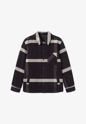 Fekete és szürke kockás dzseki bézs colorú gallérral, gombos záródással, oldalsó zsebekkel és egy mellzsebbel. Puha tapintású, csíkos mintázattal.