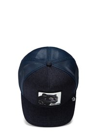 Dark blue cap with a denim front, mesh back, and a patch featuring a black panther with yellow eyes. Adjustable strap at the back.