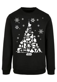 Felpa nera con una grafica bianca di un albero di Natale realizzato con vari personaggi e simboli di Star Wars, arricchita da accenti di fiocchi di neve.