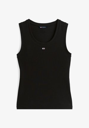 Top sin mangas negro de canalé con un escote redondo y tirantes anchos. Presenta un pequeño logo multicolor en el pecho.