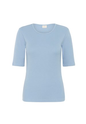 Világoskék, rövid ujjú póló bordás anyagból. Kerek nyakú, testhezálló kialakítással és sima textúrával rendelkezik.