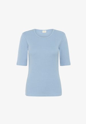 Light blue short-sleeve T-shirt made from ribbed fabric. Features a round neckline and fitted design with a smooth texture.