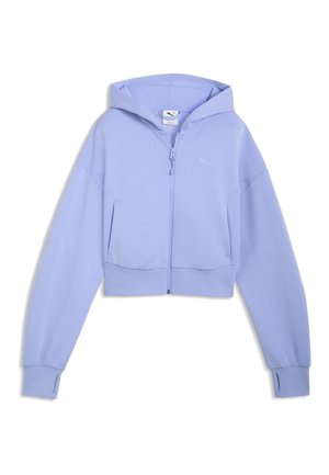 Sweat à capuche violet clair zippé, avec une capuche, des manches longues, des poches avant et des trous pour les pouces aux poignets.