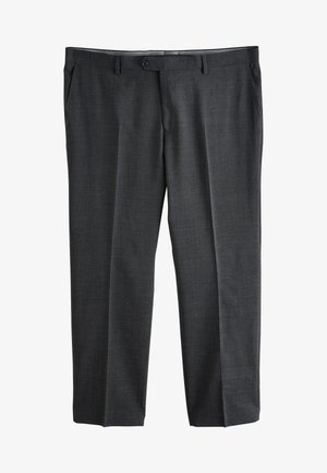 Pantalon de costume formel gris foncé avec fermeture à bouton et fermeture éclair à l'avant, passants pour ceinture et poches latérales, présenté à plat sur un fond blanc.