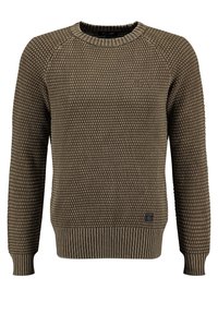 Sweter dzianinowy w oliwkowym kolorze z teksturą, z okrągłym dekoltem, rękawami raglanowymi oraz ściągaczami przy mankietach i u dołu. Mała metka z logo na dolnej części przodu.