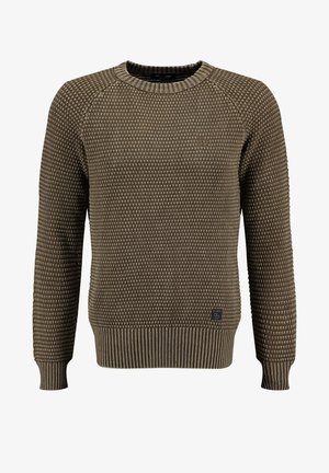 Maglione a maglia testurizzata verde oliva con scollatura rotonda, maniche raglan e polsini e orlo a costina. Piccola etichetta con logo sulla parte anteriore inferiore.