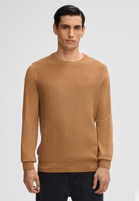 Mann mit dunklem Haar, der einen strukturierten, kamelfarbenen Pullover und schwarze Hosen trägt, steht vor einem schlichten, hellgrauen Hintergrund.