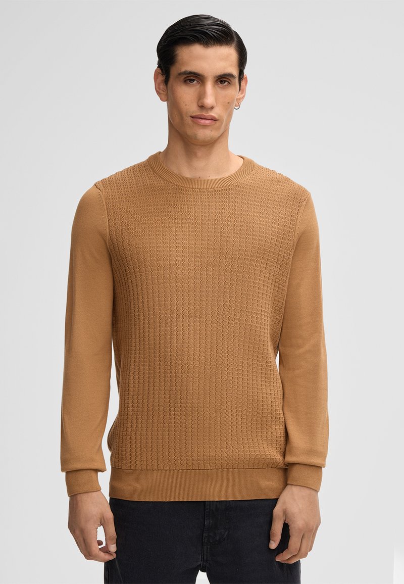 Uomo con capelli scuri che indossa un maglione a trama color cammello e pantaloni neri, in piedi contro uno sfondo grigio chiaro uniforme.