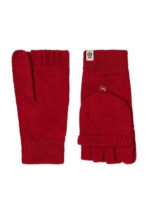 Rote gestrickte wandelbare Fäustlinge mit einer geknöpften Klappe zum Freilegen der Finger, gerippten Bündchen und einem kleinen Stoffetikett an einem Fäustling.