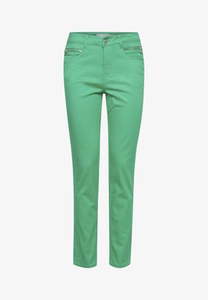 Zielone, dopasowane spodnie wykonane z elastycznego materiału. Posiadają przednie kieszenie z zamkami oraz zapięcie na guzik w talii. Gładka faktura.