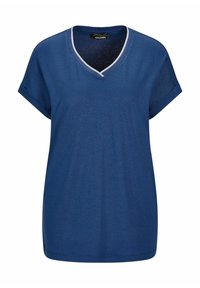 Marineblaues T-Shirt mit kurzen Ärmeln und V-Ausschnitt sowie kontrastierendem hellgrauem Besatz am Ausschnitt. Weicher Baumwollstoff mit lässiger Passform.