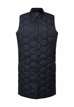 Marine quilted mouwloze vest met hexagonaal patroon, drukknoopsluitingen, staande kraag en een gladde, waterbestendige stof.