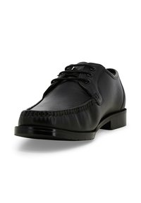 Scarpa nera in pelle con superficie liscia, punta rotonda, dettagli cuciti sulla parte anteriore e tacco basso a blocco. Lacci neri inclusi.