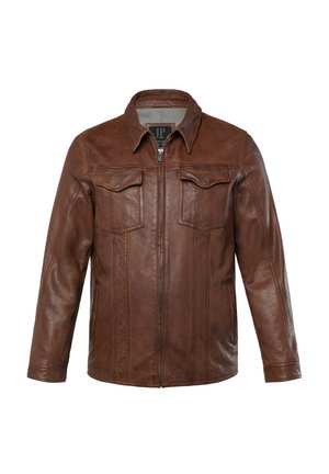 Brown leather jacket with a zip front, two chest pockets, and a pointed collar. Features linear stitching details and a smooth texture.