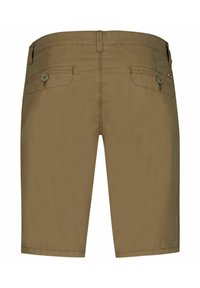 Pantaloni corti marroni in cotone con due tasche posteriori, chiusure a bottoni e una linea dritta. Presentano cuciture a vista e una vita piatta.