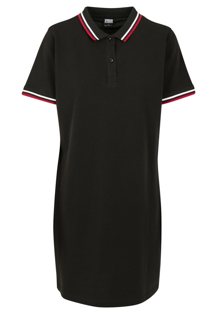 Black polo dress with a collared neck, two-button placket, and short sleeves. Features white and red striped accents on sleeves.